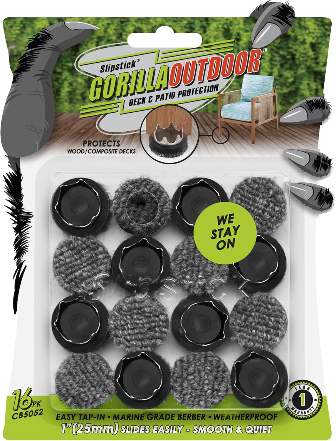 GorillaFelt Chair Leg Floor Protectors/Felt Chair Glides (Set of 16) Tap-On Felt Furniture Pads Guaranteed to Stay On, 1 Inch Round Chair Sliders