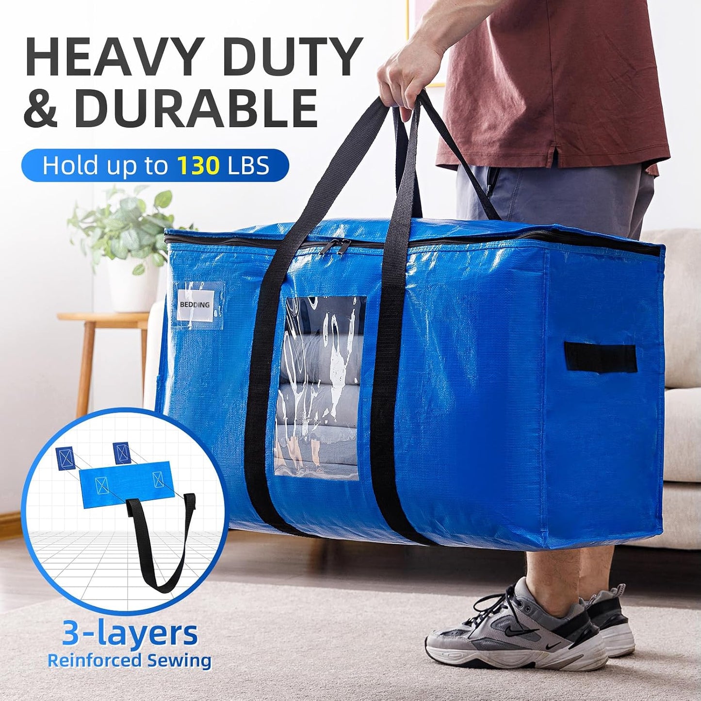 TAILI Extra Large Moving Bags, 4 Pack Blue Heavy Duty Totes For Storage with Visible Window, Wrap Around Handles, Storage Bags for Space Saving, Alternative to Moving Boxes