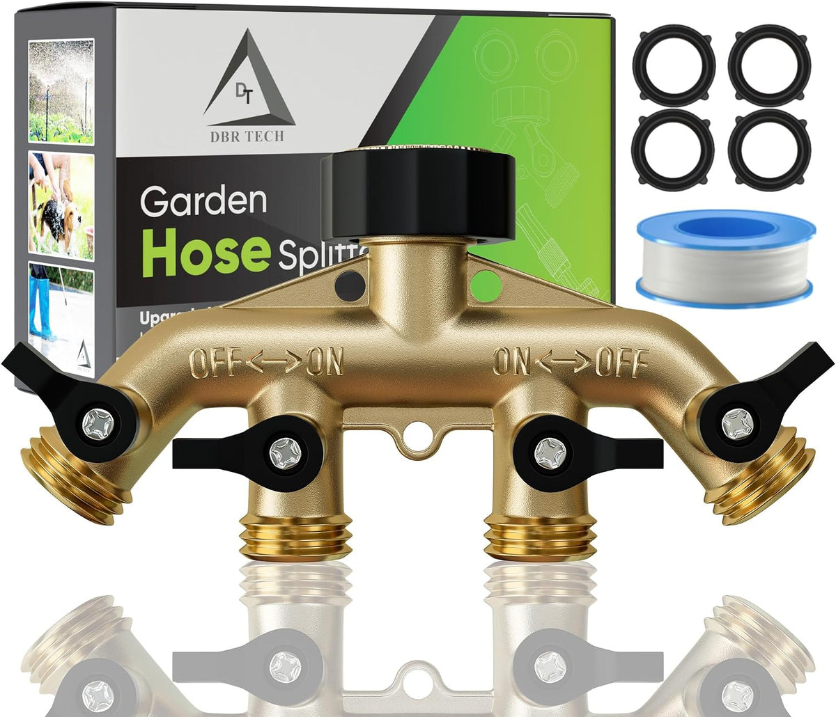 DBR Tech® Heavy Duty 2 Way Hose Splitter (Premium Brass for Superior Durability), Wye Garden Hoses Connector for Water Spigot Faucet Bib Tap, Double Shut Off Valve, Y Adapter, Rust-Resistant Finish