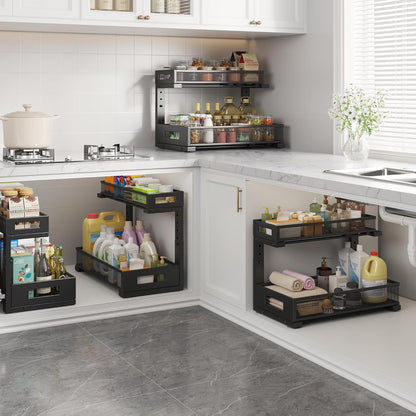 2-Pack Under Sink Storage Organizer, Large 2-Tier Elegant Mesh Pull Out Shelf for Kitchen and Bathroom Cabinet Organization, L-Shaped and Adjustable Height Design,Patent Pending-Black