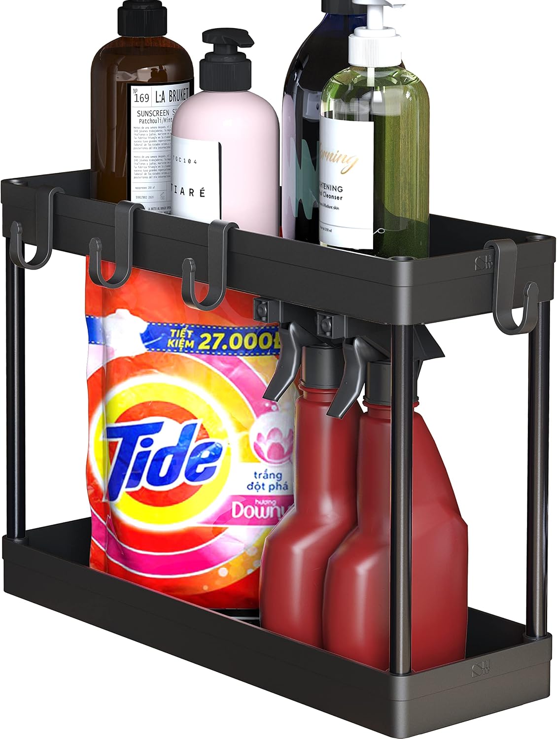 Simple Houseware 2-Tier Under Sink Organizer Storage Tray with Hooks, White