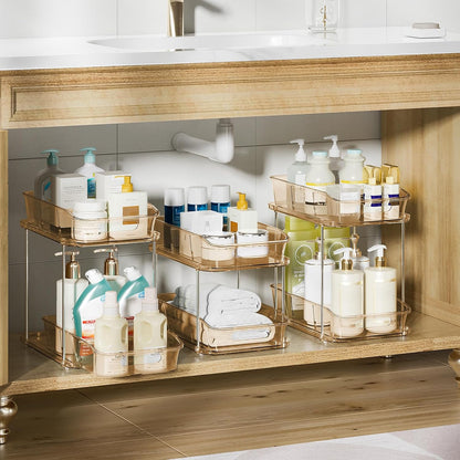 Delamu 2-Tier Under Sink Organizers and Storage, Multi-Purpose Stackable Bathroom Cabinet organizers, Pull Out Kitchen Pantry Organization and Storage with Dividers(2 Pack, Clear)