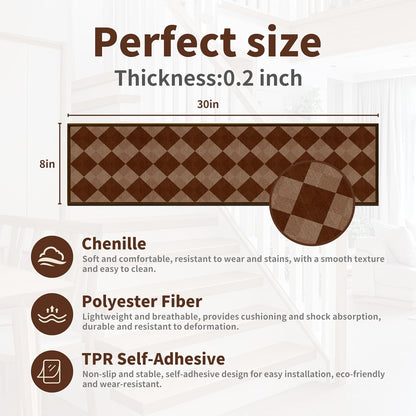 Non-Slip Carpet Stair Treads 15PCS, 8"x30" Peel and Stick Stair Runner for Wooden Steps Indoor, Washable Reusable Adhesive Backing, Pet-Friendly Safety Mats for Kids, Elders, Dogs