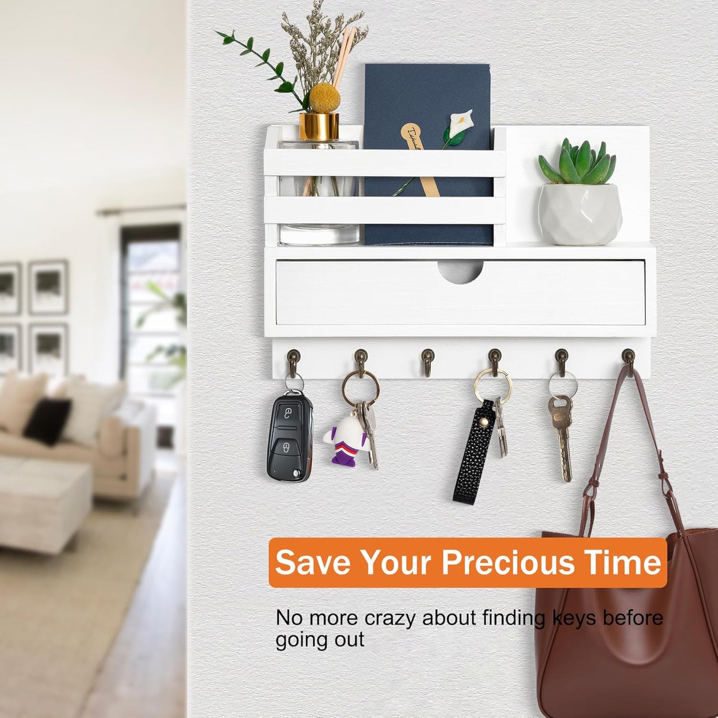 dreampossible Key and Mail Holder for Wall, Mail Organizer Wall Mount with 6 Hooks and Storage Drawer, Wooden Key Rack Hanger with Shelf for Entryway and Home Decor