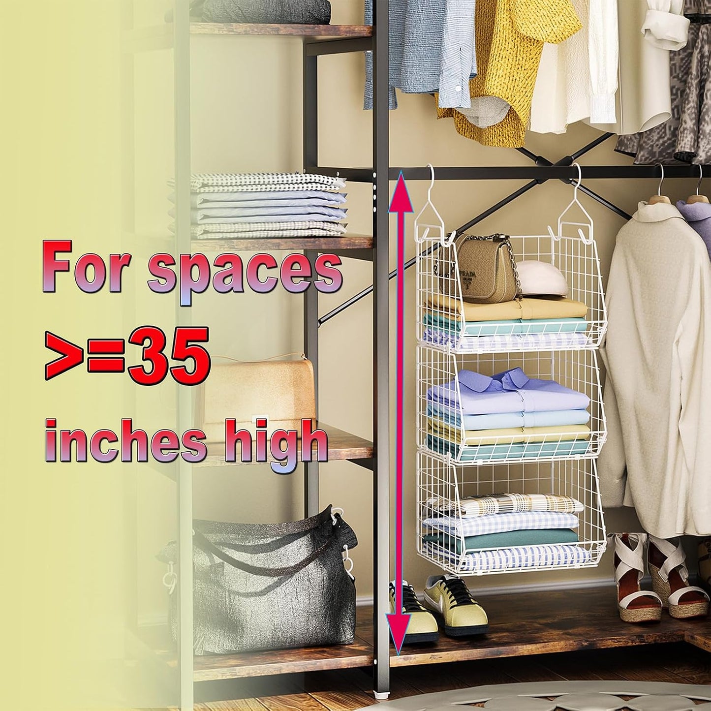 X-cosrack 3-Tier Hanging Closet Organizer, Laundry Room Organization | Space Saving Shelves with 1.65" Hook & 5 S-Hooks | Hanging Wire Baskets (12.4" W x 8.8" H x 10.24-11.8" D)