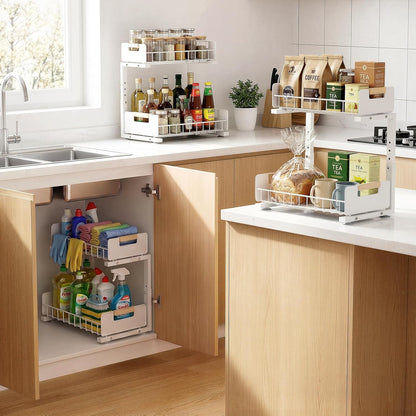 Delamu Under Sink Organizer 2 Pack, Pull Out Cabinet Organizer for Kitchen Sink, 2 Tier Metal Slide Out Shelf Caddy for Bathroom Storage, 5 Adjustable Heights for Pantry & Laundry Room, White