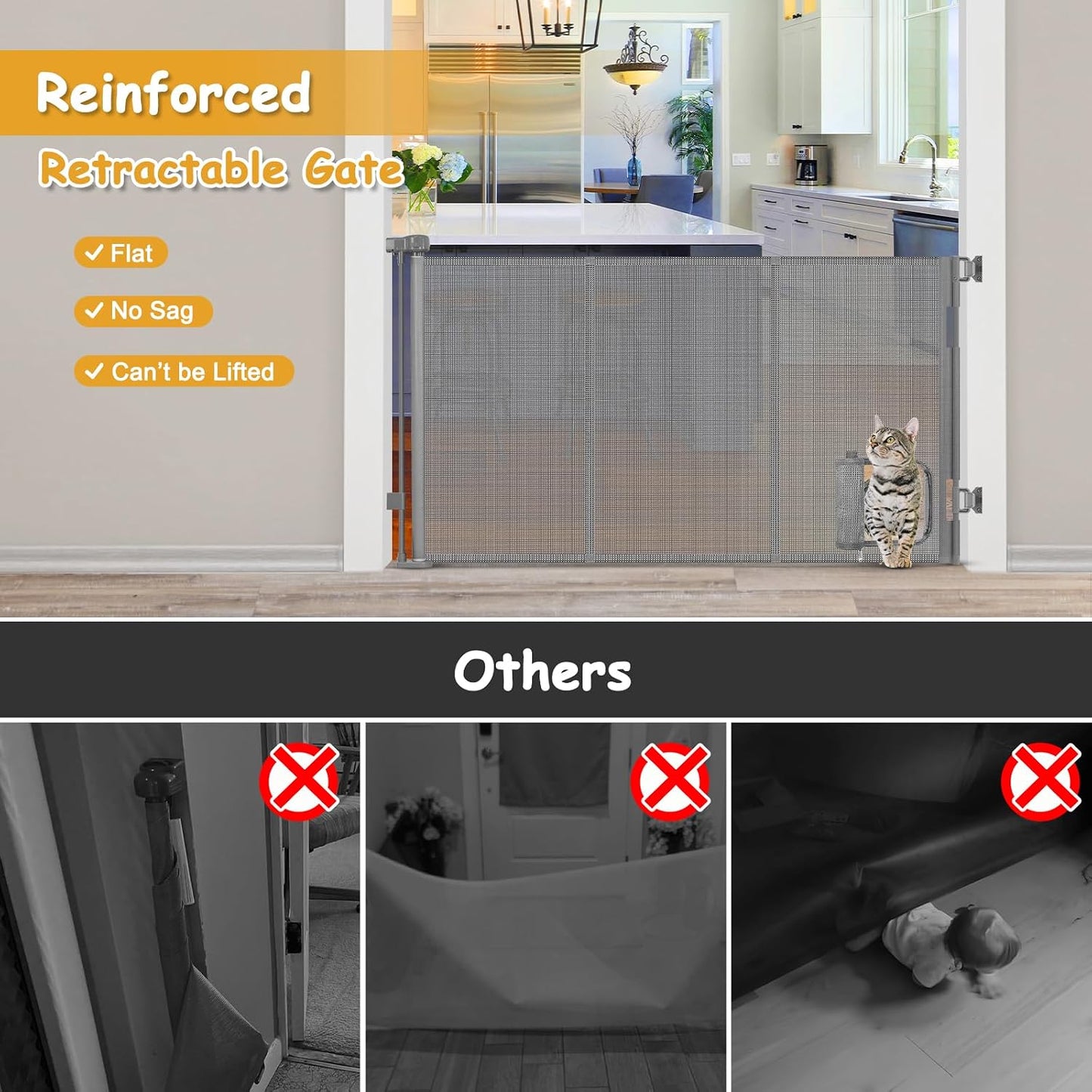 Reinforced 60” Wide Retractable Pet Gate with Cat Door Mesh Baby Gate for Stairs with Reinforced Strips Retractable Dog Gates with Cat Door Mesh Dog Gates for Doorways Separating Dogs from Cats, White