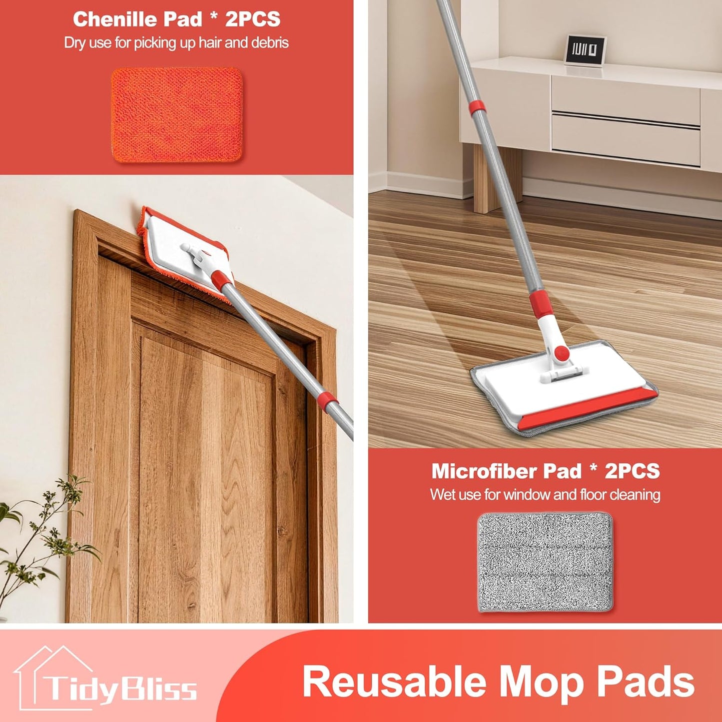 TidyBliss Baseboard Cleaner Tool with Handle, 55.9” Long Wall and Base Board Cleaning Mop, 4 Reusable Pads, 1 Stiff Bristle Scrubber Brush for Floorboard Ceiling Cabinet Window Bathroom Kitchen (Red)