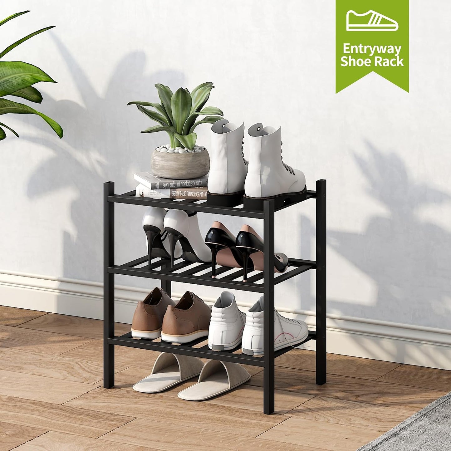 BMOSU 2-Tier Bamboo Small Shoe Rack Premium Stackable Shoe Shelf Storage Organizer for Hallway Closet Living Room Entryway Organizer (Black Bamboo)