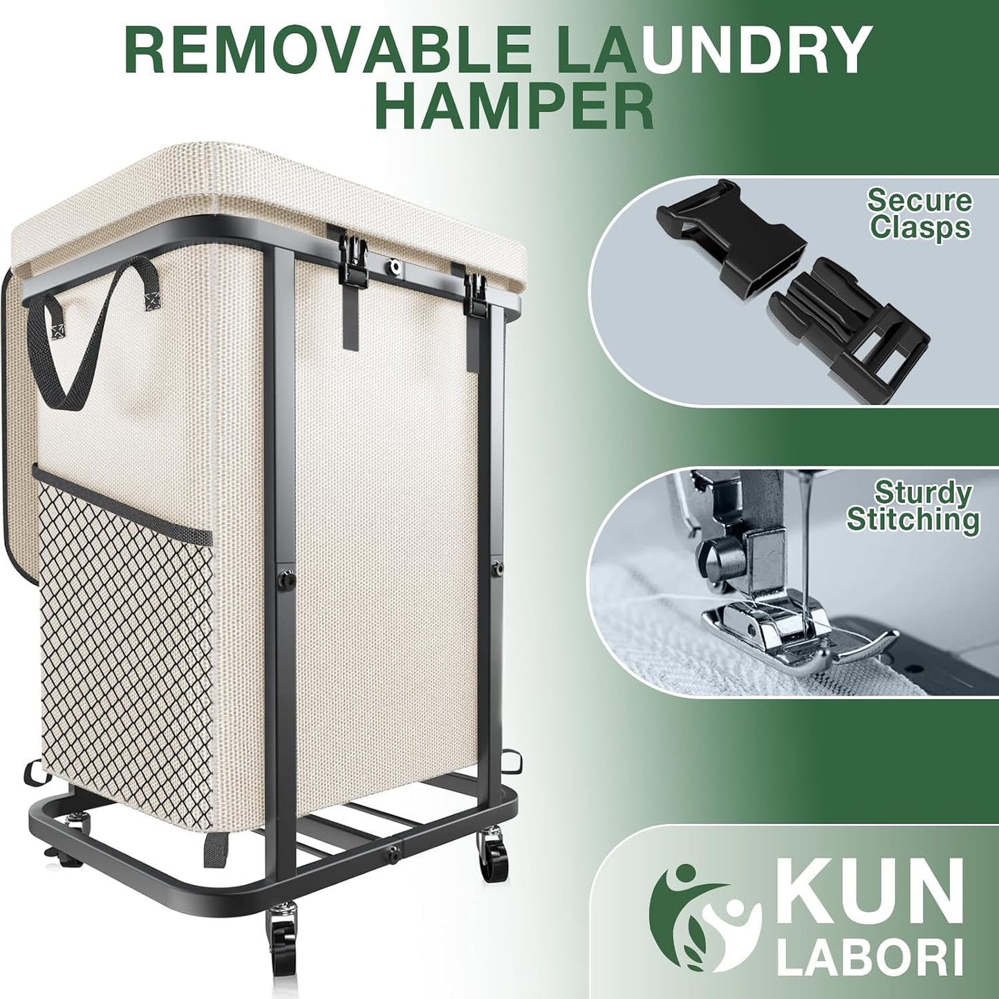 60 Gal(230L) Laundry Basket with Lid, Rolling Laundry Hamper with Wheels, Dirty Clothes Hamper with Metal Frame and Removable Bag Design, Suitable for Laundry Room, Bedroom (Black, 3 Section 230L)