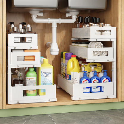 3-Tier Under Sink Organizer,2 Pack Height Adjustable Pull Out Cabinet Organizer Shelf, Thickened Metal Slide out Storage Drawer Rack for Bathroom Laundry Room Kitchen Pantry Organization (White)
