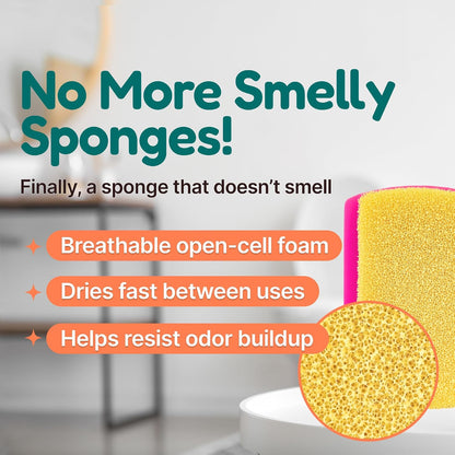 3-in-1 Silicone Scrubber Sponge with Squeegee – Non-Scratch Kitchen Sponge for Dishes, Sink & Bathroom, Quick-Dry, Reusable Cleaning Tool (Pink+Yellow)