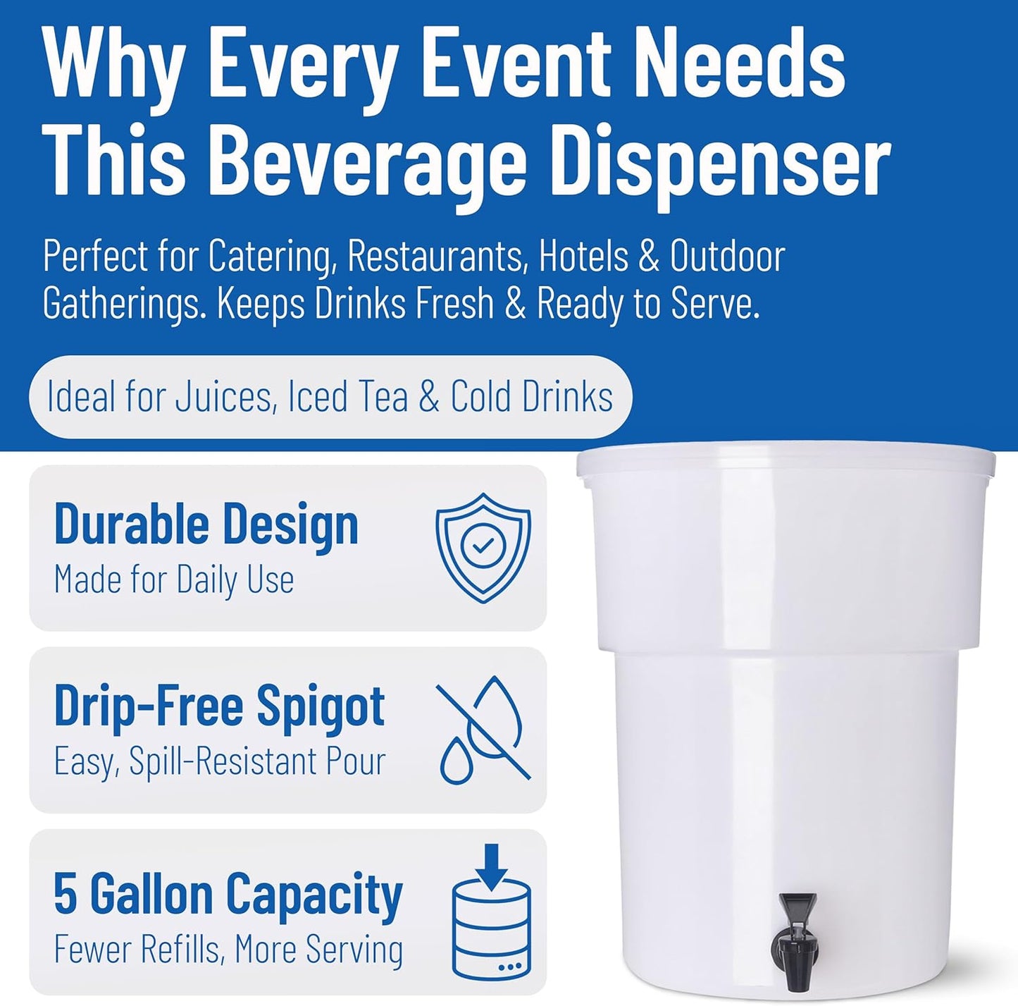 Carlisle FoodService Products Round Beverage Dispenser, Durable Drink Dispenser with Spigot and Sturdy Base for Catering, Events, and Parties, Plastic, 5 Gallons, Black
