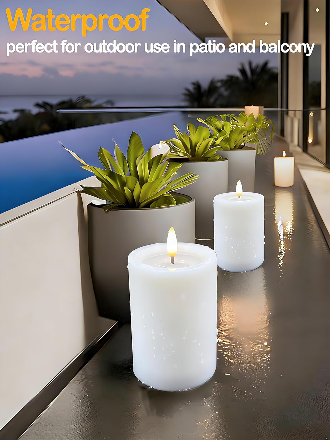 Gmnee 3"x6" Outdoor Waterproof Flameless Candles with Remote and Timers, LED Candles, Battery Operated Candles, Electric Fake Pillar Candles for Patio, Porch, and Lanterns Decor (White, Plastic)