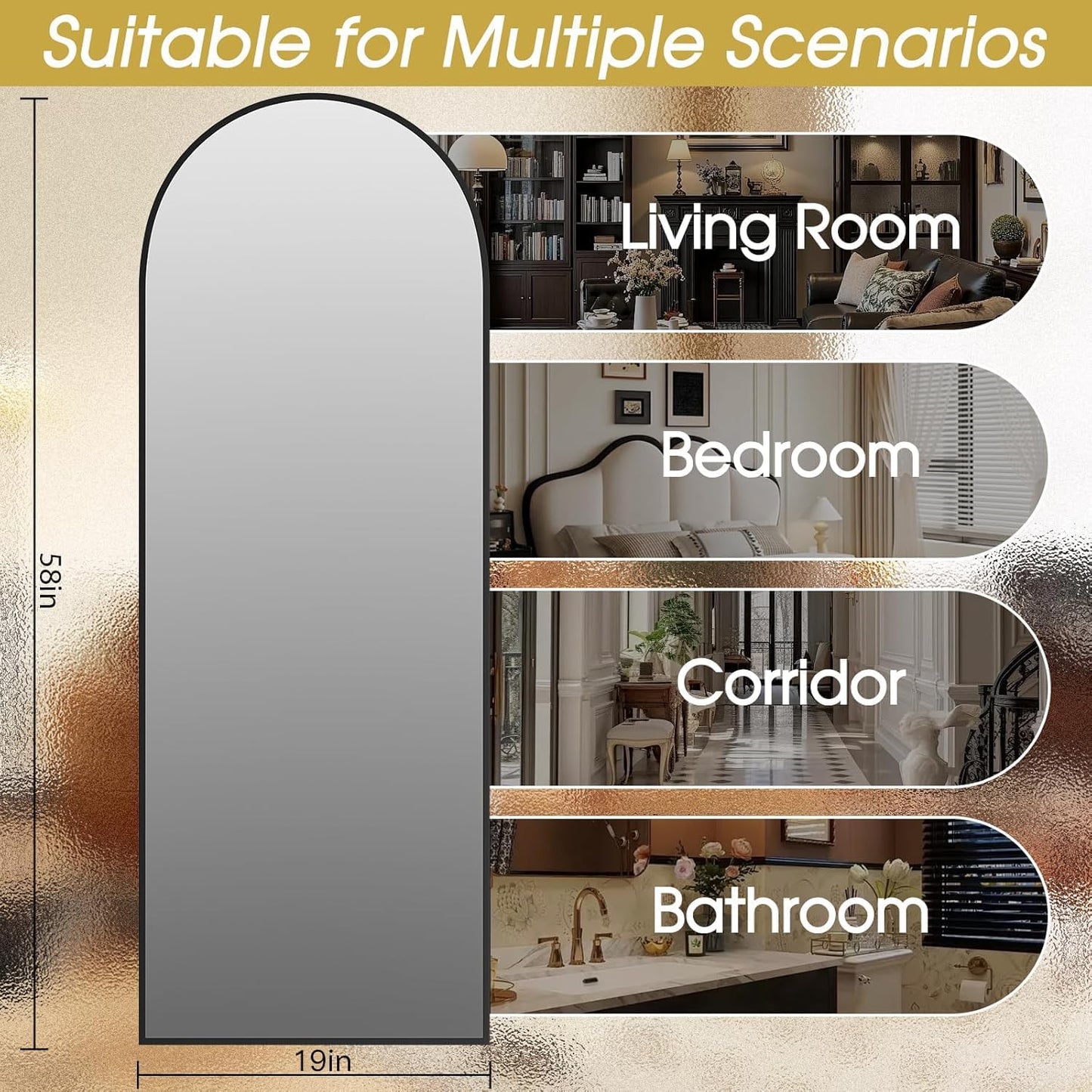 59"x16" Floor Mirror Full Length, Arched Full Length Mirror with Stand, Full Body Mirrors for Bedroom Living Room or Cloakroom Gold
