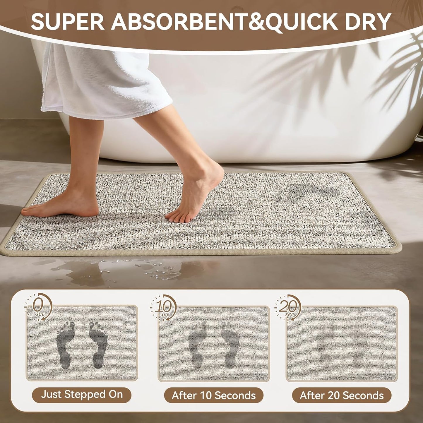 Non Slip Bath Mat with Rubber Backing, Absorbent Quick Dry Bath Rugs Washable, Thin Bathroom Rugs Fit Under Door for Bathroom Floor, Shower and Sink, 16"×24", Grey