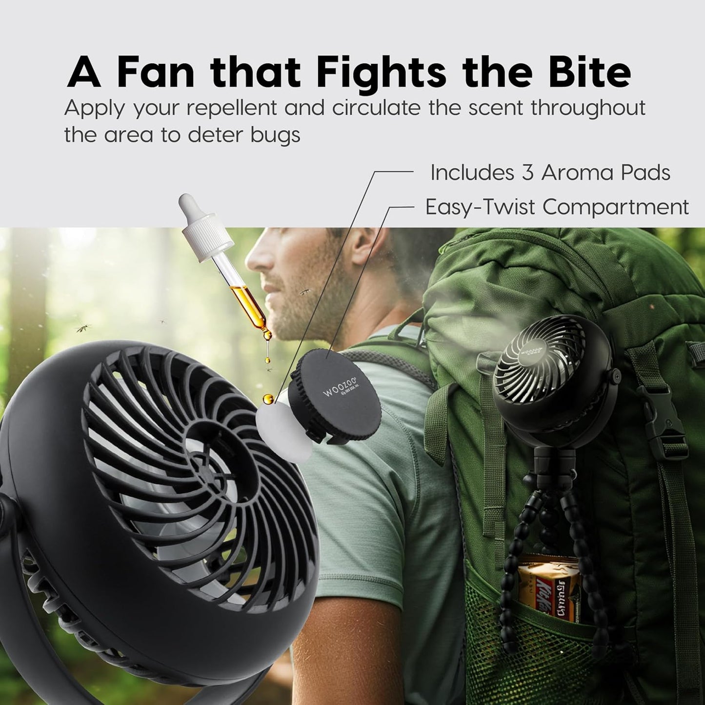 IRIS USA WOOZOO 3.5" Cordless Portable Clip On Fan, USB-C Rechargeable Fan, LED Light, Mosquito Repellent Tray, 360° Tilt, 3 Speeds,Bedside Kitchen Camping Golfing Outdoor Use, Black