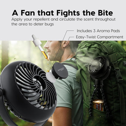IRIS USA WOOZOO 3.5" Cordless Portable Clip On Fan, USB-C Rechargeable Fan, LED Light, Mosquito Repellent Tray, 360° Tilt, 3 Speeds,Bedside Kitchen Camping Golfing Outdoor Use, Black