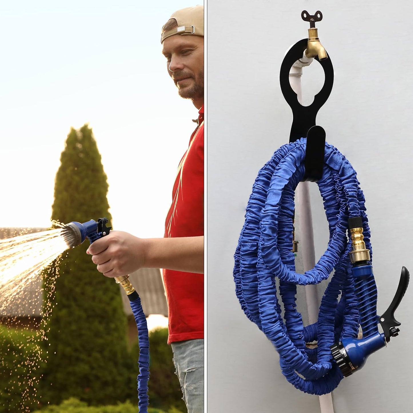 UNCO- Small Garden Hose Holder, Metal, Fits 20-50 ft 5/8” Expandable Hose | Wall Mounted Hose Rack, Outdoor Water Storage Bracket for Yard, Garden Organization and Easy Access Storage Use