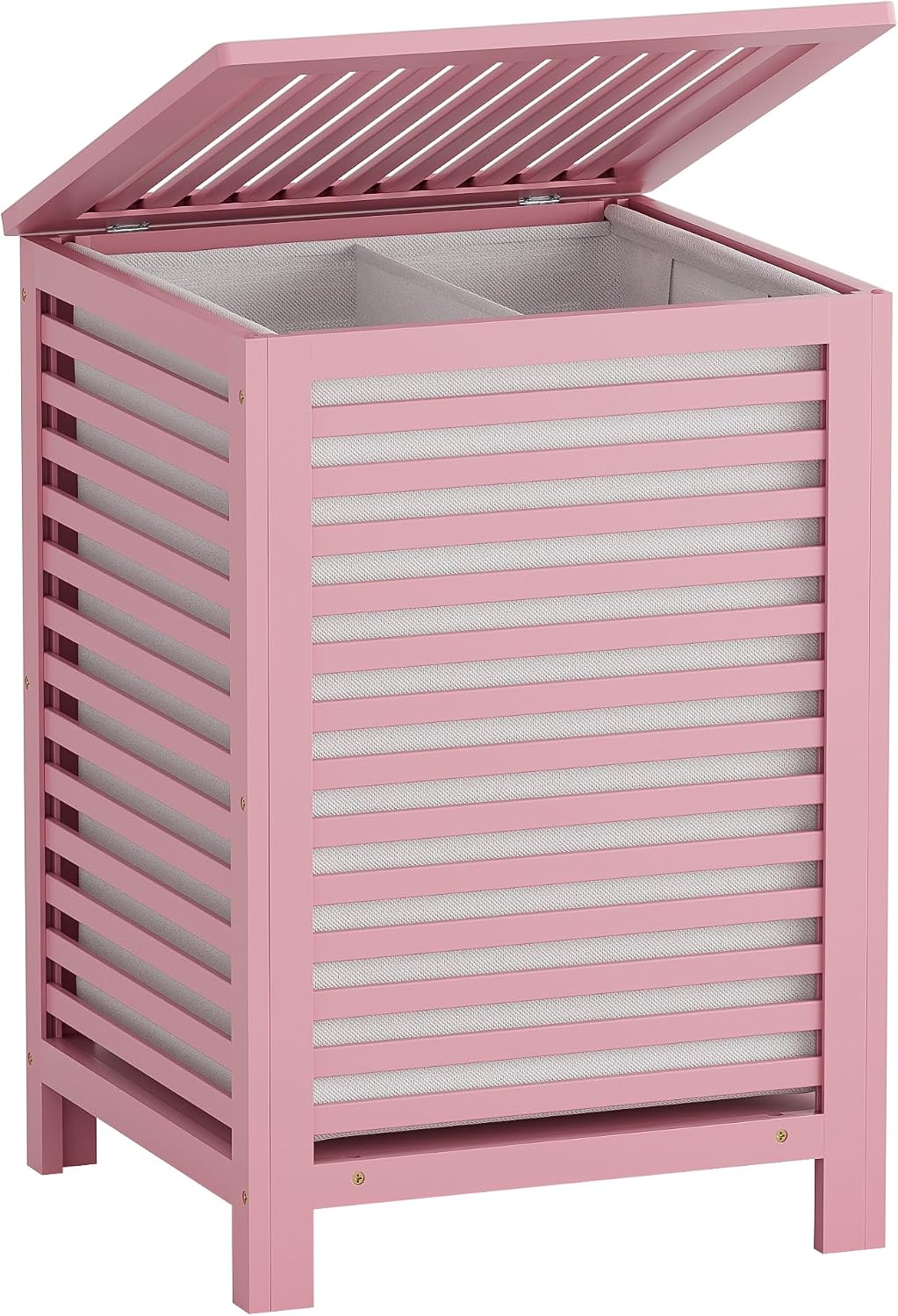 SMIBUY Double Laundry Hamper with Lid, 120L Bamboo Laundry Basket with Removable Liner Bag, 2-Section Clothes Divider Laundry Sorter for Laundry Room, Bathroom, Bedroom (Walnut)