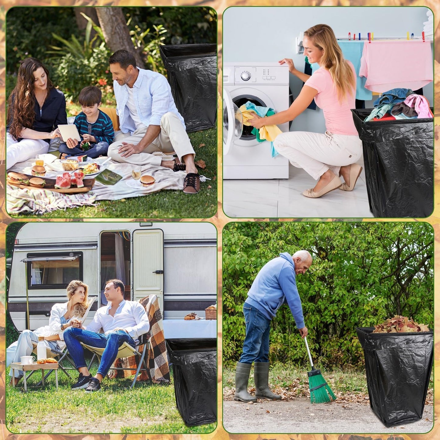 Trash Bag Holder Stand, Outdoor Garden Garbage Bag Holder Holds 30-45 Gallon Bags, Metal Leaf Bag Holder Stand with 4 Fixing Clips and 2 Garbage Bags, For Outdoor Yard Camping Garden Lawn