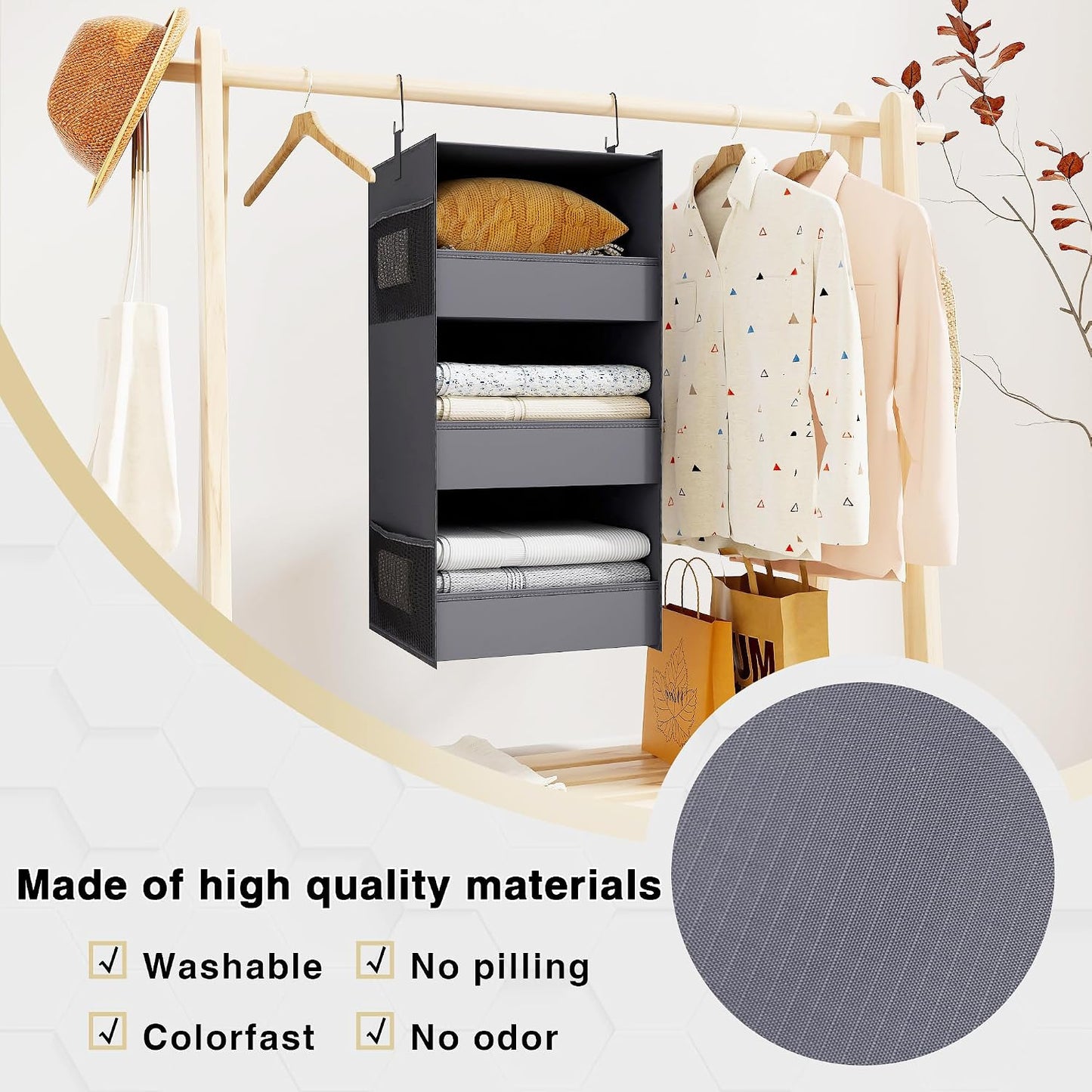 3-Shelf Hanging Closet Organizer, Washable Foldable Storage, Dark Gray | Front lip keeps items secure; side pockets add room; Oxford fabric handles towels, shirts, baby items, dorms, RVs or travel.