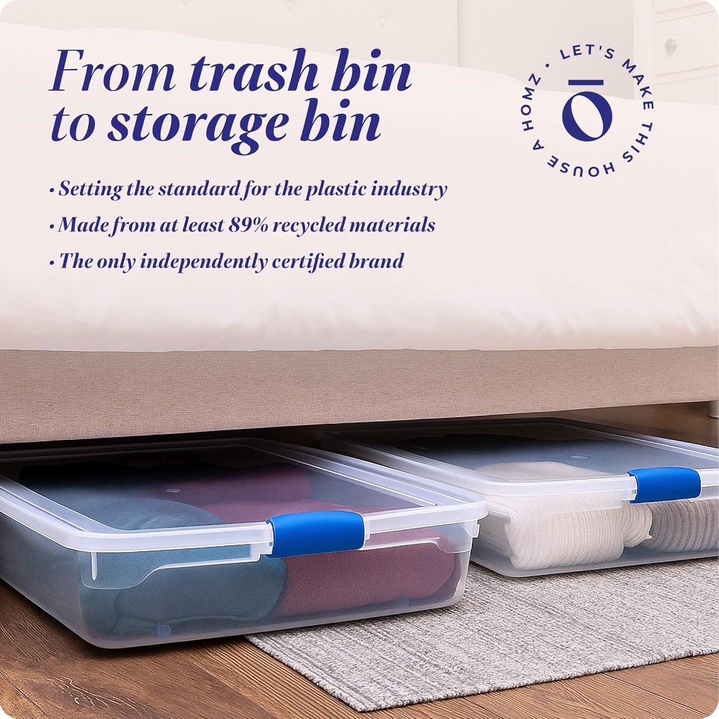 HOMZ 2-Pack Under Bed Storage, Clear Plastic Containers with Lids, 60 Quart, Gray Latch - Stackable Underbed Organizer Bins for Shoes, Bags, Clothes, and Towels