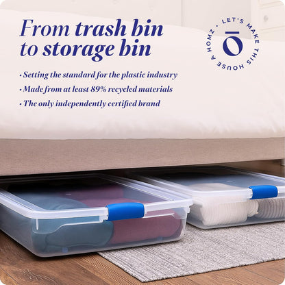 HOMZ 2-Pack Under Bed Storage, Clear Plastic Containers with Lids, 60 Quart, Gray Latch - Stackable Underbed Organizer Bins for Shoes, Bags, Clothes, and Towels