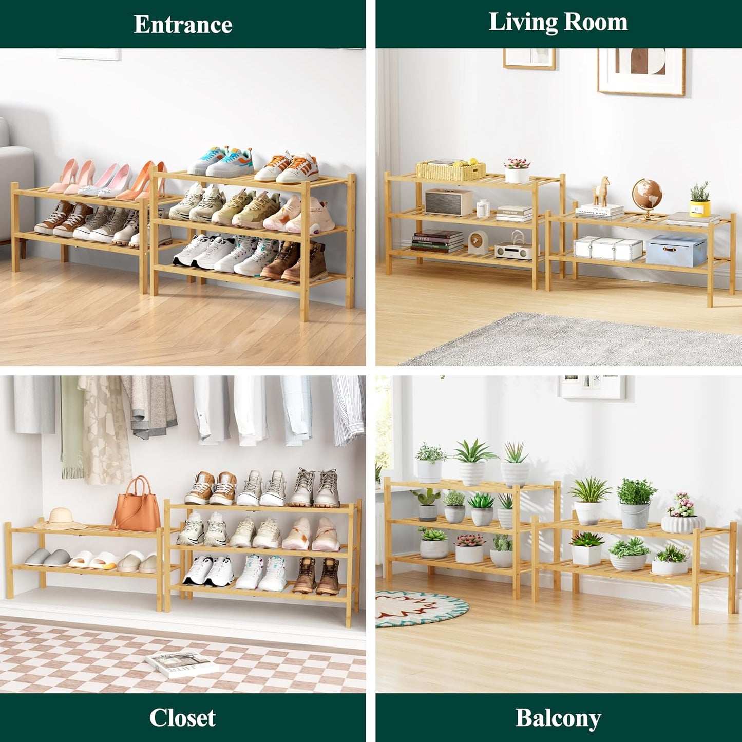 Smiry Bamboo Shoe Rack for Closet, 3 Tier Wooden Shoe Organizer, Stackable Wood Shoe Storage Shelf for Entryway, 14 Vertical Slats, One-piece Heavy-Duty Legs, 26.77"x11.02"x18.31", Natural