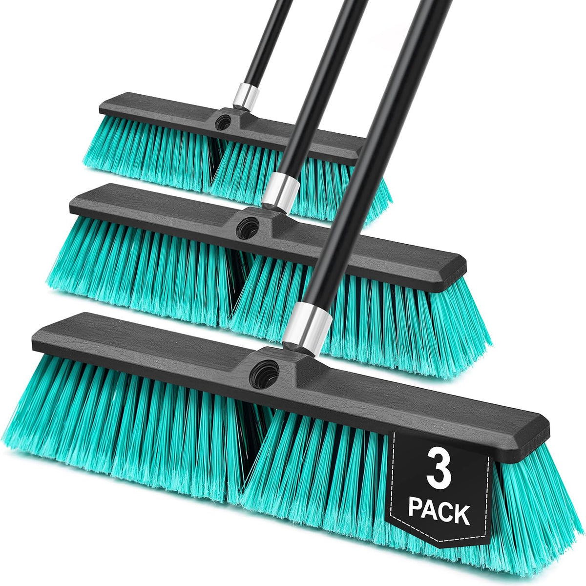 TidyBliss 3 Pack 18” Push Broom Outdoor Heavy Duty, Large Commercial Stiff Bristle Brush with 63 inches Long Handle for Garage Shop Garden Yard Patio Deck Street Warehouse Lawn Driveway (Green)