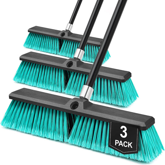 TidyBliss 3 Pack 18” Push Broom Outdoor Heavy Duty, Large Commercial Stiff Bristle Brush with 63 inches Long Handle for Garage Shop Garden Yard Patio Deck Street Warehouse Lawn Driveway (Green)
