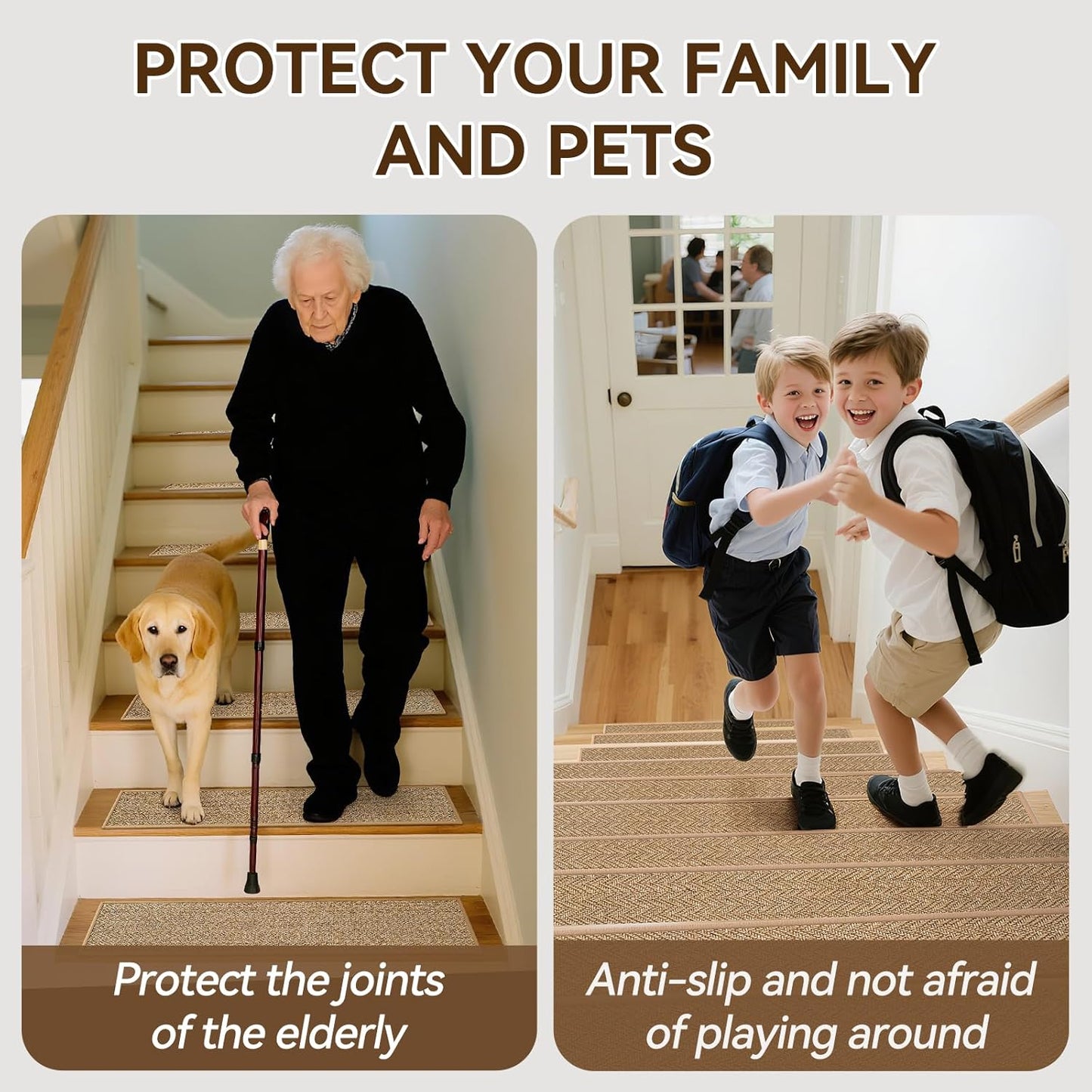 YDKGL Stair Treads Non Slip for Wooden Steps Indoor 15 Pack, Reusable Peel and Stick Adhesive Stair Treads Runner Rugs, Stair Carpet Floor Mats for Elders Pets, Easy to Install, Brown 8" x 30"