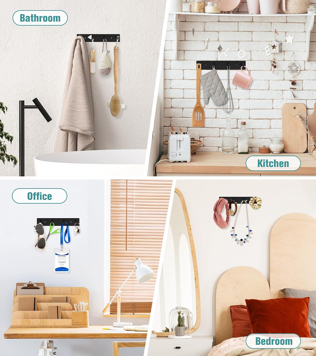 RELBRO Key Holder Wall Mount, Large Metal Self Adhesive Key Rack with 4 Hooks, 2 Installation Options, Black