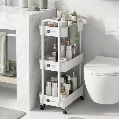 Laiensia 3-Tier Rolling Cart with Wheels,Multifunction Utility Storage Carts, Kitchen Storage Organizer,Mobile Shelving Unit for Bathroom,Laundry,with Classified Stickers,White