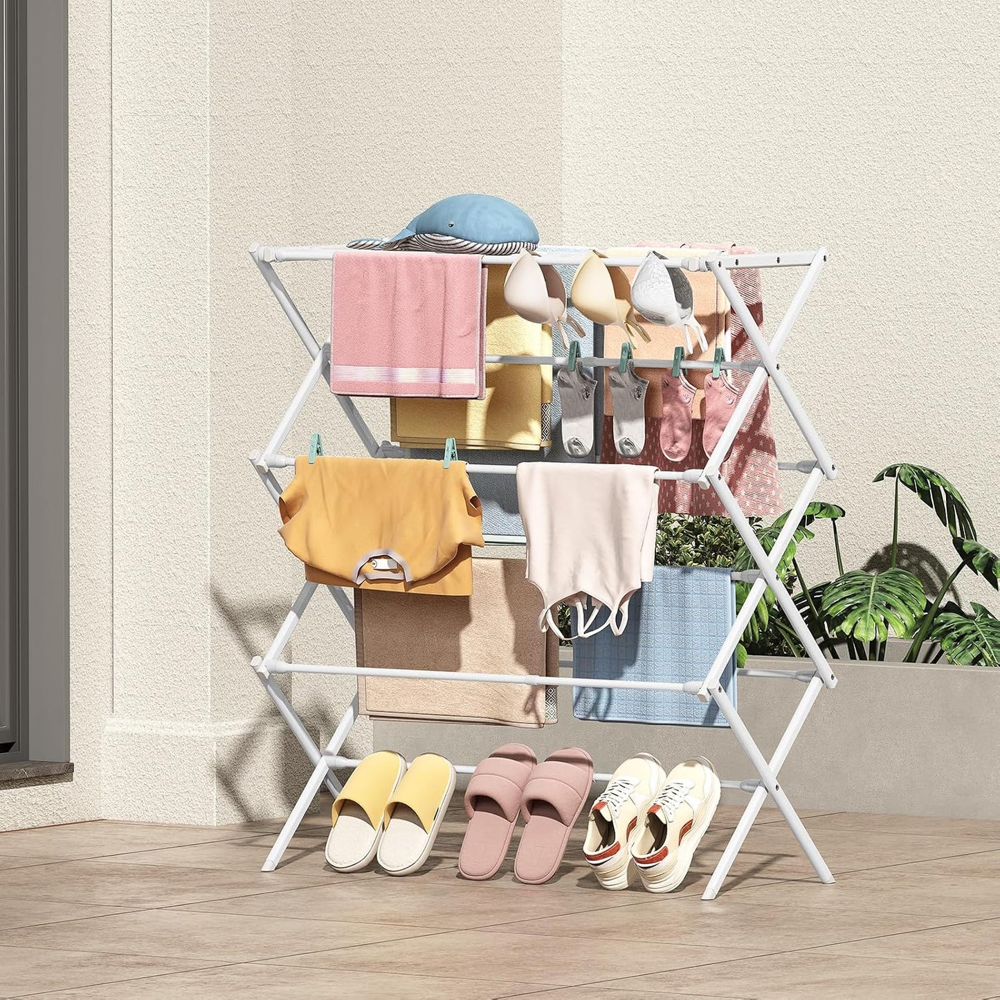 KINGBOARD Clothes Drying Rack, Collapsible Drying Rack Clothing with 11 Poles, 3-Tier Laundry Drying Rack, Small Clothes Drying Rack Foldable for Baby Clothes Sock Towel, 25lb Capacity, White