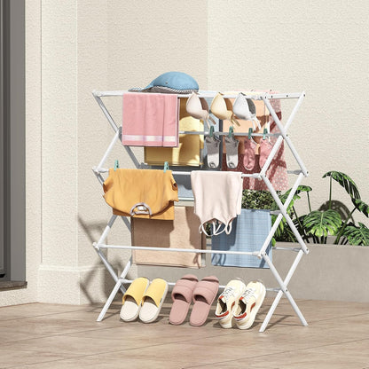KINGBOARD Clothes Drying Rack, Collapsible Drying Rack Clothing with 11 Poles, 3-Tier Laundry Drying Rack, Small Clothes Drying Rack Foldable for Baby Clothes Sock Towel, 25lb Capacity, White