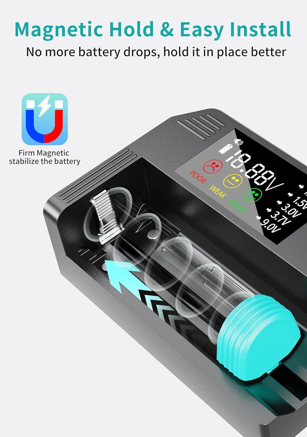 Dlypow Magnetic Battery Tester for AAA AA C D 9V, Button Cell & Rechargeables