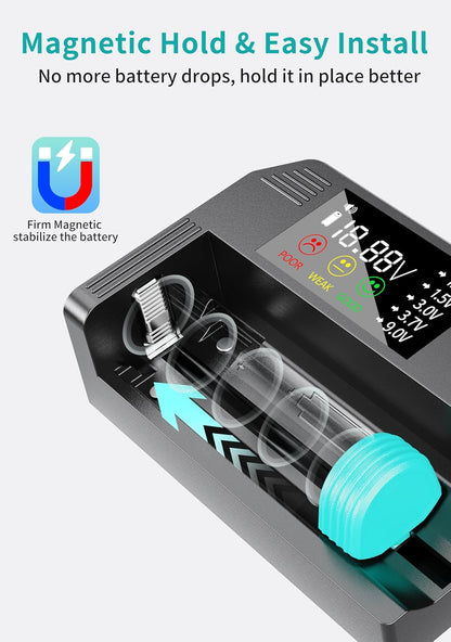 Dlypow Magnetic Battery Tester for AAA AA C D 9V, Button Cell & Rechargeables