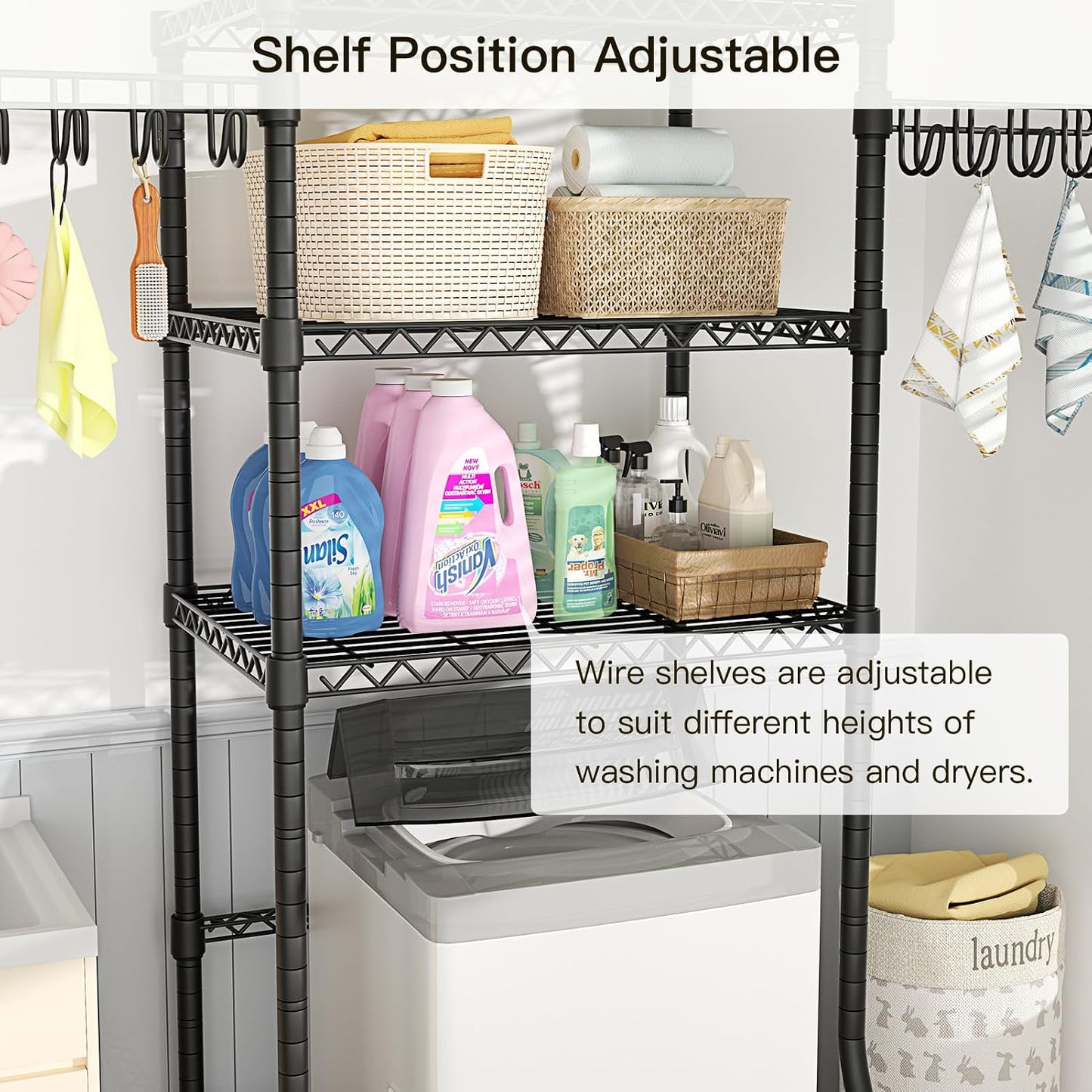 Ulif U8 Mini Laundry Room Storage Organizer, Over the Washer and Dryer Storage Shelves for Laundry Organization, 29.5”W x 17.3”D x 76.2”H, Suit Washing Machine Width within 27.1”, Hold 304 lb, Black