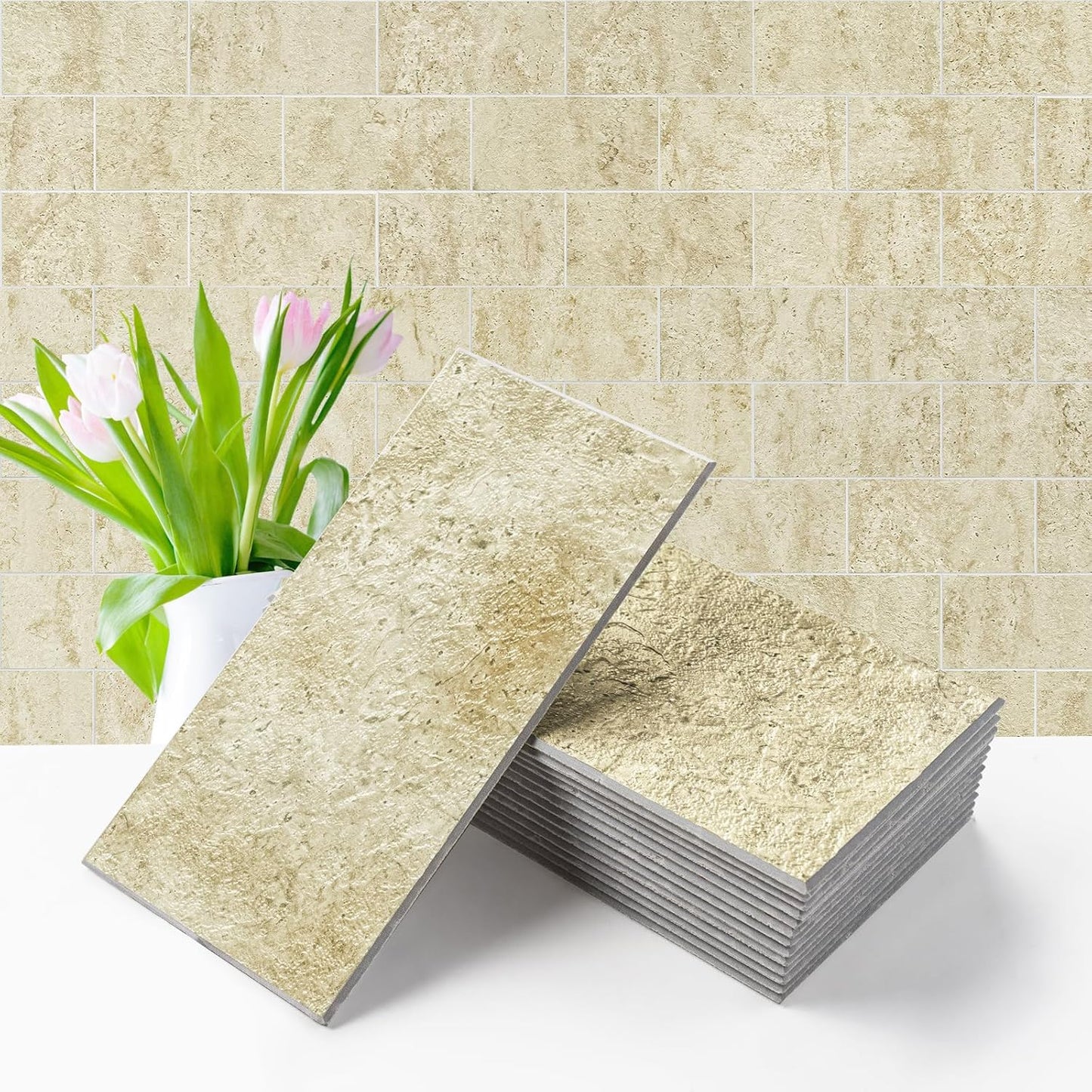Vamos Tile 100-Piece Glossy Dolomite White Peel and Stick Backsplash Tile,3''x6'' PVC Subway Tile with White Grout, Stick on Backsplash for Kitchen/Bathroom/Fireplace