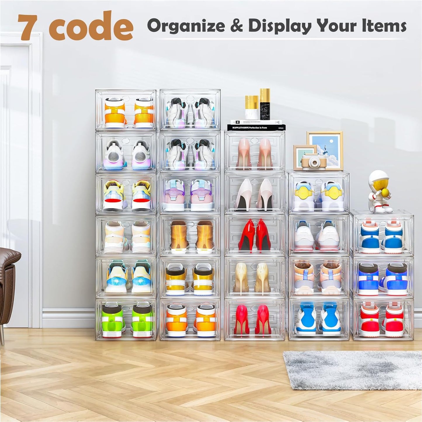 7 code Thicken & Sturdy Clear Shoe Storage Organizer with Magnetic Door, Stackable Boxes for Closet, Foldable Shoe Rack for Sneaker Boot Container, Plastic Shoe Cabinet Shoe Box 6 Pack, Black