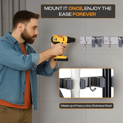 Heavy-Duty Stainless-Steel Broom Holder Wall Mount with 3 Racks and 4 Hooks | Waterproof Mop and Broom Hanger | Adjustable, Garage & Garden Tool Organizer | Black