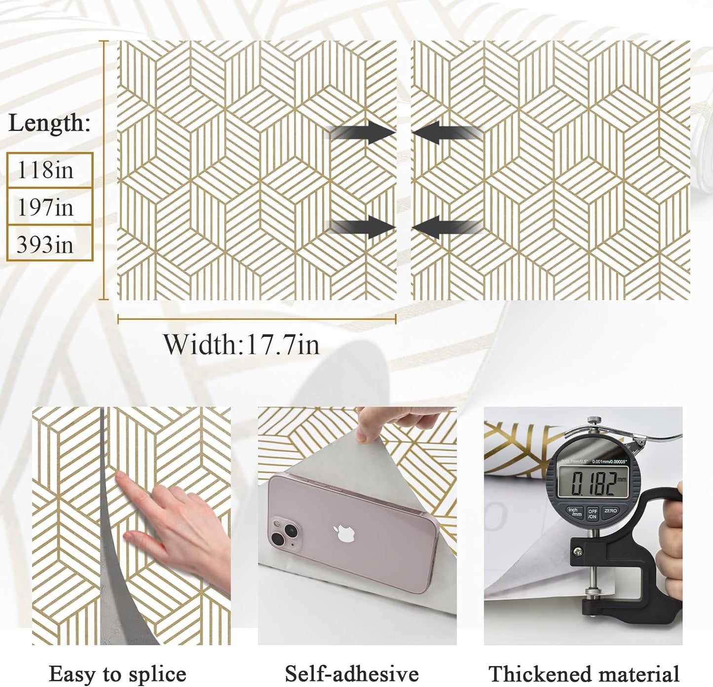 MelunMer Geometric Peel and Stick Wallpaper Gold 118In L 17.7In W Self Adhesive Removable Wallpaper for Bedroom/Bathroom Waterproof Modern Contact Paper for Cabinets Gold Contact Paper Shelf Liner