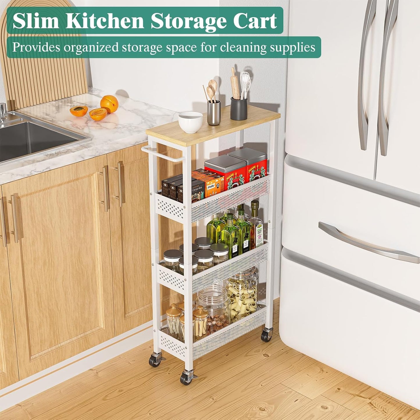 Giwil Slim Storage Cart 5 Tier Narrow Kitchen Rolling Cart on Wheels for Small Space, Metal Utility Cart Narrow Bathroom Storage Cabinet Mobile Shelf Unit Organizer with Wood Top and Handle, Black