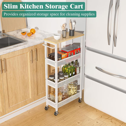 Giwil Slim Storage Cart 5 Tier Narrow Kitchen Rolling Cart on Wheels for Small Space, Metal Utility Cart Narrow Bathroom Storage Cabinet Mobile Shelf Unit Organizer with Wood Top and Handle, Black