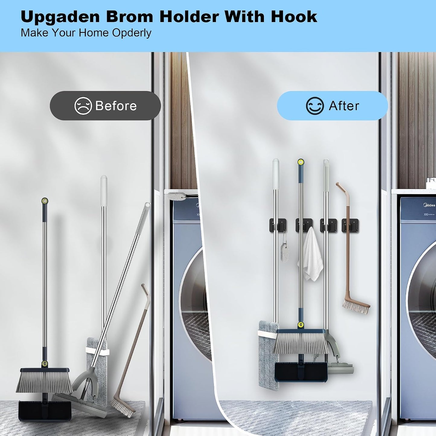 4 Pack Stainless Steel Mop and Broom Gripper with Hook, Screw Drilling or Self Adhesive Mop and Broom Holder Wall Mount, Storage Rack for Closet Laundry Garage Garden Tool Organizer, Silver