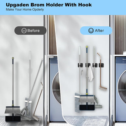 4 Pack Stainless Steel Mop and Broom Gripper with Hook, Screw Drilling or Self Adhesive Mop and Broom Holder Wall Mount, Storage Rack for Closet Laundry Garage Garden Tool Organizer, Silver