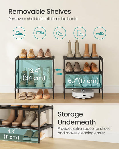 SONGMICS 2-Tier Shoe Rack for Closet, Compact Metal Shoe Organizer Shelf for Entryway, Bedroom, Small Spaces, Stackable, 11.8 x 24.5 x 12.2 Inches, Black ULSA122BH01