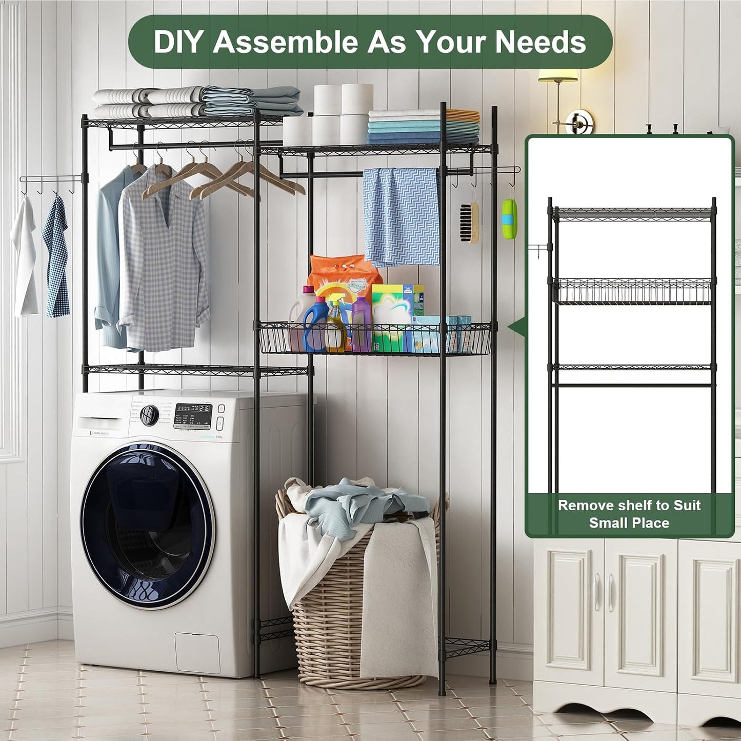 Over Washer and Dryer Storage Shelves, Clothes Drying Rack with Adjustable Shelf, 57.4" W Space Saving Shelving Units with Laundry Hamper and Hooks, Laundry Room Organization and Storage