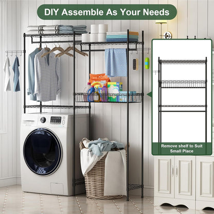 Over Washer and Dryer Storage Shelves, Clothes Drying Rack with Adjustable Shelf, 57.4" W Space Saving Shelving Units with Laundry Hamper and Hooks, Laundry Room Organization and Storage